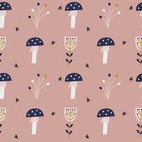 Seamless pattern with north flowers and mushrooms vector