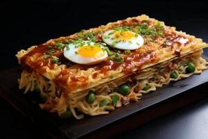 AI generated Aromatic Ramen lasagna food on table. Generate Ai photo