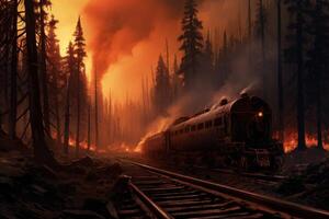 AI generated Calamitous Railway fire forest natural. Generate Ai photo