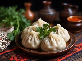 ai generado tradicional georgiano Khinkali lleno con condimentado carne servido en un tradicional estampado paño foto