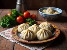 ai generado tradicional georgiano Khinkali lleno con condimentado carne servido en un tradicional estampado paño foto