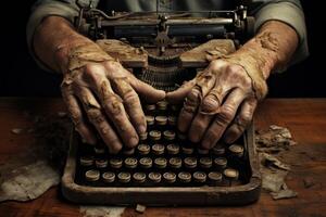 ai generado antiguo antiguo máquina de escribir manos. generar ai foto
