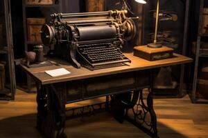 ai generado de madera antiguo máquina de escribir escritorio. generar ai foto