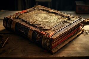 ai generado polvoriento antiguo libro en de madera mesa. generar ai foto