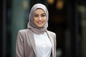 AI generated Confident Muslim smiling businesswoman. Generate Ai photo