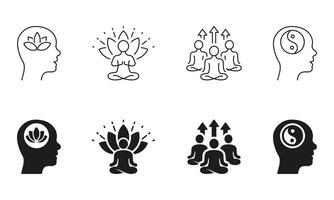 bienestar silueta y línea íconos colocar. bienestar y calma pictograma. personas meditar en zen actitud negro símbolo recopilación. yoga y salud signo. aislado vector ilustración