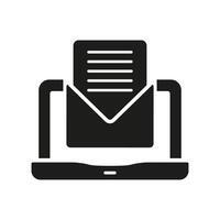 Online Communication Silhouette Icon. Laptop With Email, Envelope On Computer Screen Glyph Pictogram. Receive Digital Letter Solid Sign. New Message Symbol. Isolated Vector Illustration