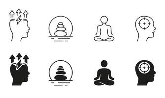 Mental Health Silhouette and Line Icons Set. Meditate, Calm, Relax Pictogram. Positive Energy Black Symbol Collection. Wellness Sign. Isolated Vector Illustration