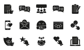 Client Review Silhouette Icon Set. Customer Feedback Symbol Collection. Survey, Questionnaire Glyph Pictogram. Support, Rating, Comment Solid Sign. Isolated Vector Illustration