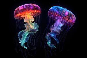 AI generated Serene Neon jellyfish dark water. Summer light photo