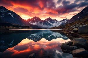 AI generated Majestic Mountains art sunset lake. Generate Ai photo