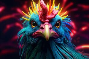 AI generated Unusual Neon chicken bird. Generate Ai photo