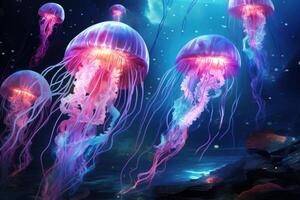 AI generated Mesmerizing Sea neon jellyfish. Underwater floating photo