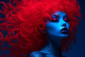 AI generated Striking Neon blue red woman. Generate AI photo