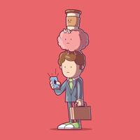 A Businessman, with a brain and a coffee character on top of his head vector illustration. Business design concept.