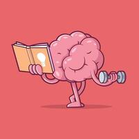 Brain Character exercising and reading a book vector illustration. Learning, sports design concept.