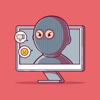 A Burglar character is coming out of a computer screen vector illustration. Tech, hack design concept.