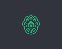 Creative modern green line water drop with house and tree logo vector