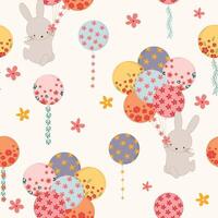 cute pastel bunny holding flowers balloons hand drawn seamless pattern vector illustration for decorate invitation greeting birthday party celebration wedding card poster banner textile  background