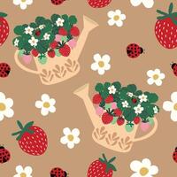 Cute strawberry in watering can hand drawn seamless pattern vector illustration for decorate invitation greeting birthday party celebration wedding card poster banner textile paper wrap background