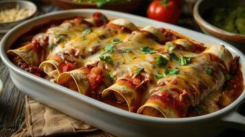 ai generado mexicano enchiladas un delicioso mezcla de queso y especias foto