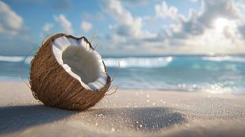 AI generated Fresh coconut with husk cracked open on serene beach in ultra high definition photo