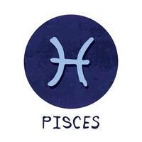 Hand drawn pisces zodiac sign in blue round frame Astrology doodle clipart Element for design vector