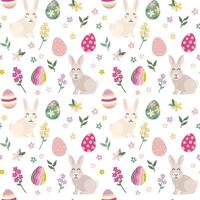 Easter spring seamless pattern with cute rabbit, eggs, flowers. Vector illustration