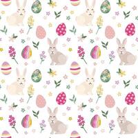 Easter spring seamless pattern with cute rabbit, eggs, flowers. Vector illustration