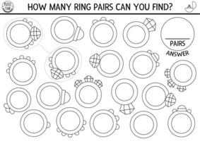 Find two same wedding rings. Marriage ceremony black and white matching activity for children. Educational coloring page worksheet for kids. Printable game with bride and groom vector