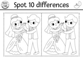 Find differences game for children. Wedding black and white activity with cute married couple. Marriage coloring page for kids with funny bride, groom and ring. Printable worksheet vector