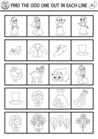 Find the odd one out. Wedding black and white logical activity for children. Marriage educational quiz worksheet for kids. Simple printable game or coloring page with cute bride and groom vector