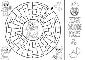 Wedding black and white maze for kids with dancing bride and groom. Marriage printable activity. Matrimonial labyrinth coloring page. Puzzle with just married couple and first dance vector