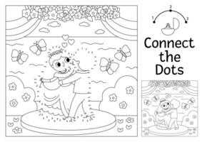 Vector dot-to-dot and color activity with cute dancing just married couple. Wedding connect the dots game for children with bride and groom. Marriage ceremony coloring page for kids.