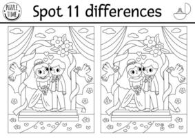 Find differences game for children. Wedding black and white activity with cute married couple under the arch. Marriage coloring page for kids with funny bride and groom. Printable worksheet vector