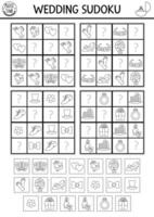 Vector black and white wedding sudoku puzzle for kids. Simple marriage ceremony quiz with cut and glue elements. Education activity or coloring page with bride, cake. Draw missing objects