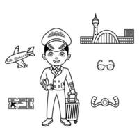 Young man in Pilot or Airline captain uniform with object element of airport items line art vector