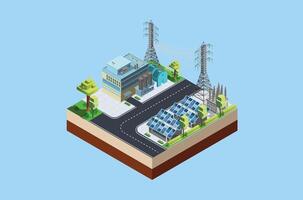 isométrica cargando estación para súper rápido eléctrico vehículos utilizando solar paneles y un montón de cargando puntos., adecuado para diagramas, infografía, y otro gráfico activo vector