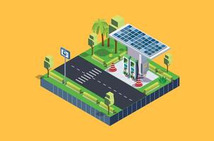 Isometric Charging electric cars at toll road rest area with fast supercharger stations and many charging points. Vehicles at renewable solar panel energy battery storage station on grid network. vector