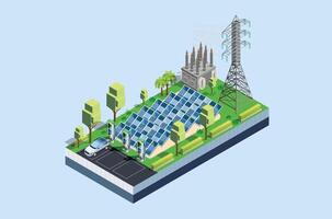 Isometric charging station for super fast electric vehicles using solar panels and lots of charging points., Suitable for Diagrams, Infographics, And Other Graphic asset vector