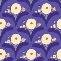 Beautiful seamless floral pattern in retro style. Cute blossoming bouquet texture. Vector background with hand drawn flowers and bees