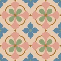 Beautiful seamless pattern with geometric floral tile. Vector texture in ceramic tile style with simple flowers and abstract shapes. Repetitive decorative background