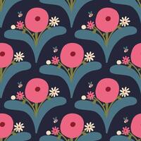 Beautiful seamless floral pattern in retro style. Cute blossoming bouquet texture. Vector background with hand drawn flowers and bees