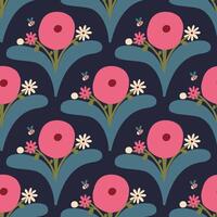 Beautiful seamless floral pattern in retro style. Cute blossoming bouquet texture. Vector background with hand drawn flowers and bees