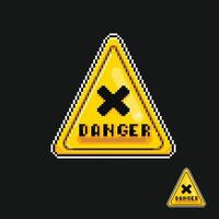 yellow triangle with cross sign in pixel art style vector