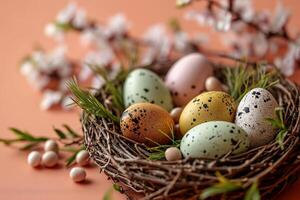 AI generated Nest with colorful Easter eggs and spring flowers on a peach colored background photo