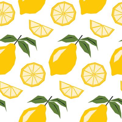 Seamless pattern with ripe lemon and slice. Applique style drawing. Background, wrapping paper.