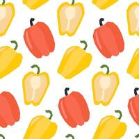 Seamless pattern with ripe peppers and slice. Applique style drawing. Background, wrapping paper. vector