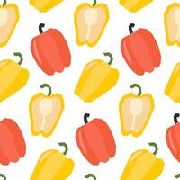 Seamless pattern with ripe peppers and slice. Applique style drawing. Background, wrapping paper. vector