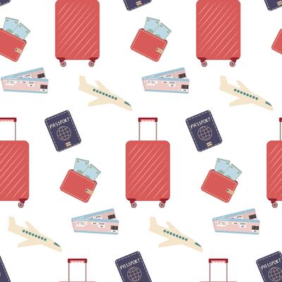 seamless pattern with airplanes, luggage, suitcase, plane tickets, passport and wallet. Tourist flight background